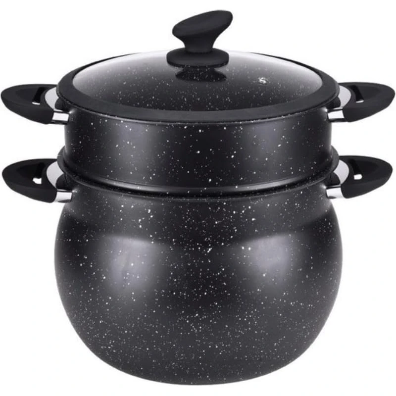 ROYALTY LINE, Stainless Steel Couscoussier 13 Liters with Glass Lid, Compatible with Gas, Electric, Ceramic, Halogen, Induction, Non-Stick Coating Without PFOA, Black