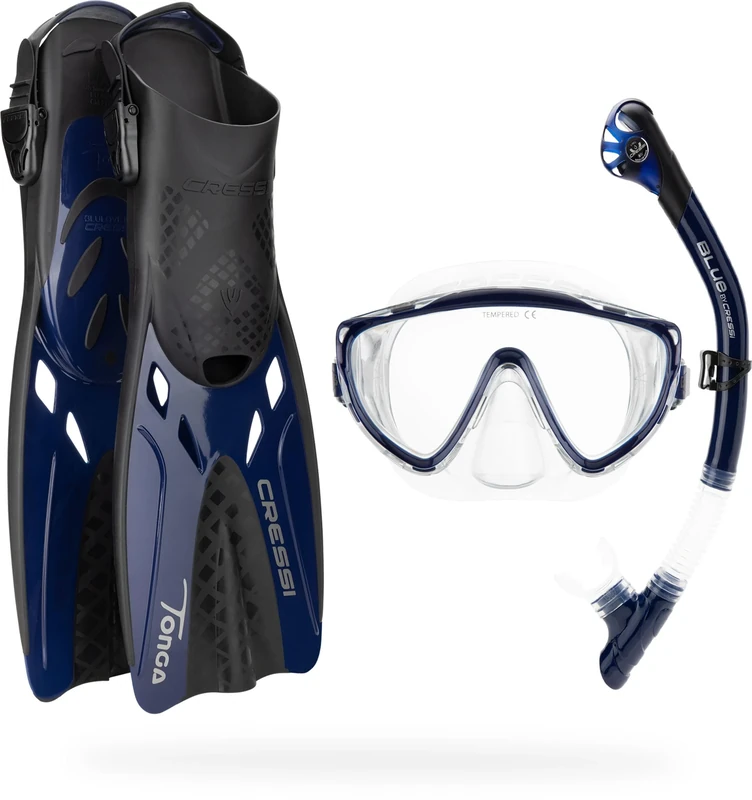 CRESSI Tino Adventure Set Clear/Blue Navy [S/M] - Snorkel Set Tonga Fins, Tino Mask and Scilla Snorkel for Snorkelling and Diving, Transparent/Blue Navy, S/M, Adults