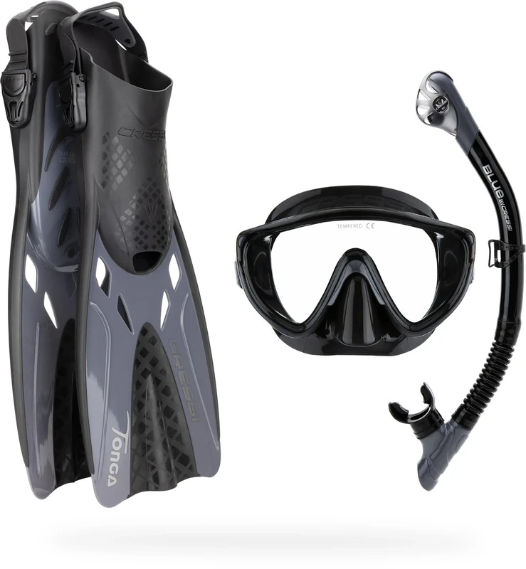 Cressi Tino Adventure Set Black/Graphite [L/XL] - Snorkel Set Tonga Fins, Tino Mask and Scilla Snorkel for Snorkelling and Diving, Black/Graphite, L/XL, Adults