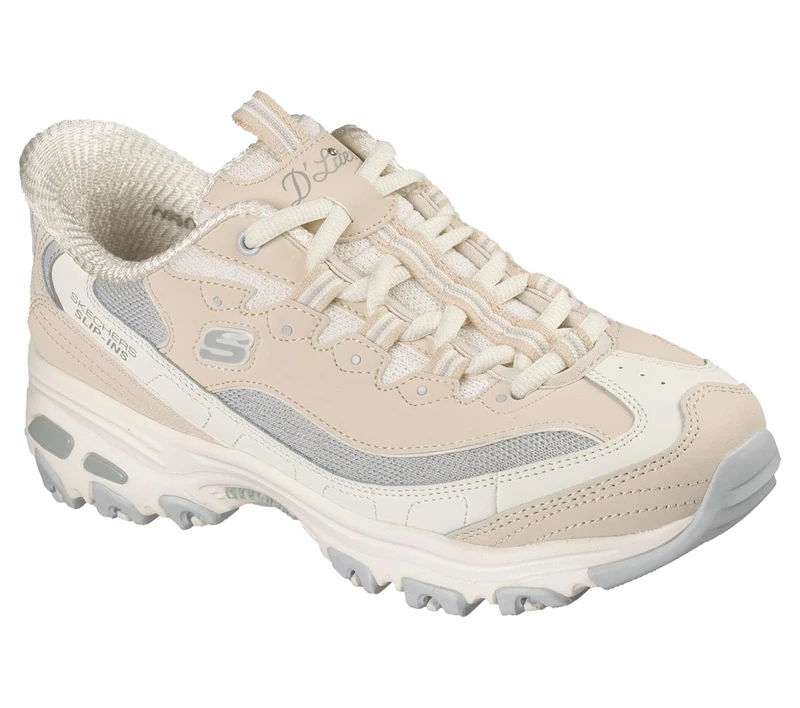 Skechers Women's D'Lites Smooth Nostalgia Slip-On Sneakers, Natural Leather/Duraleather/Grey Mesh/Trim, 3 UK