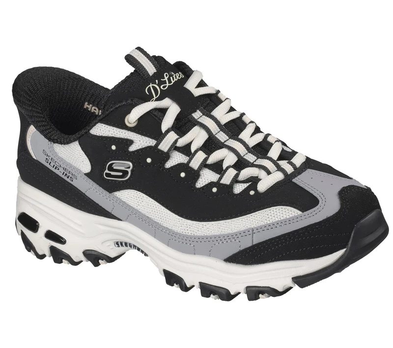 Skechers Women's D'Lites Smooth Nostalgia Sneaker, Black Natural, 6.5 UK