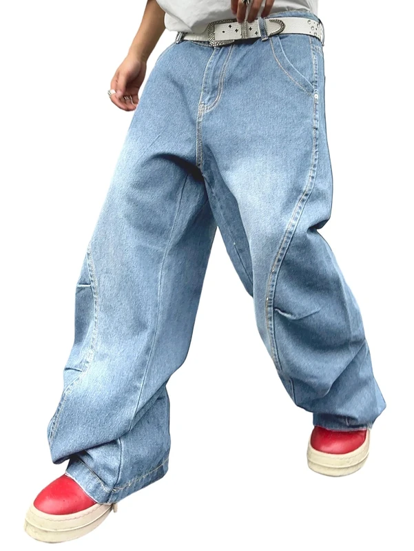 DFGIGT Men's Irregular Sutures Y2k Hip Hop Baggy Jeans Wide Leg Denim Pants Casual Loose Fit Trousers Streetwear, A12 Light Blue, Medium