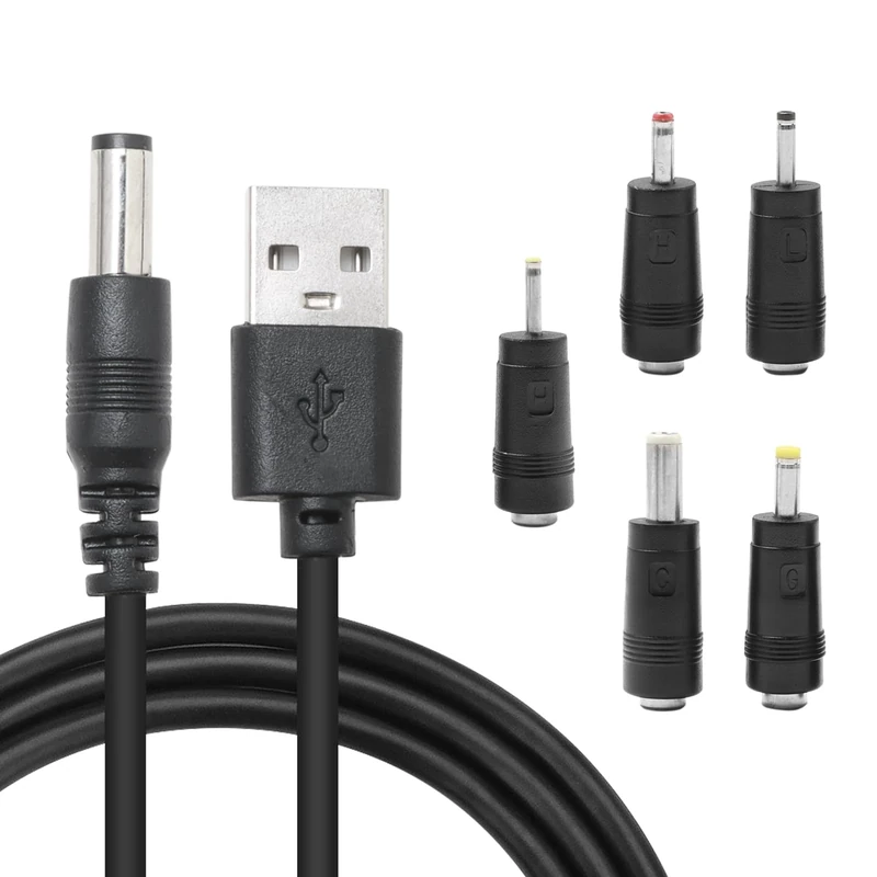 teashow USB to DC 5V Universal Charger Cable,1M USB to 5.5 x 2.1mm Barrel Jack Power Adapter with 5 Interchangeable Connectors(4.0x1.7mm,3.5x1.35mm,3.0x11mm,2.5x0.7mm) for Router,Speakers and More