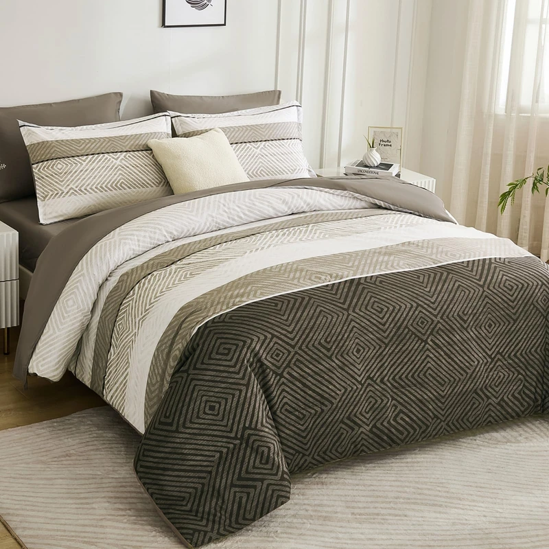 Drucon Boho Comforter Set King Size 7 Piece Bed in a Bag, Brown Striped Bedding Set, Soft Microfiber Comforter and Sheet Set for All Season (King, 104"x90")