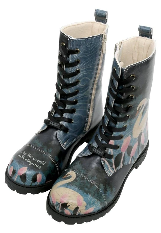 DOGO Women's Vegan Leather Dark Blue Long Boots - With Elegance Pattern, Multicolored, 4 UK