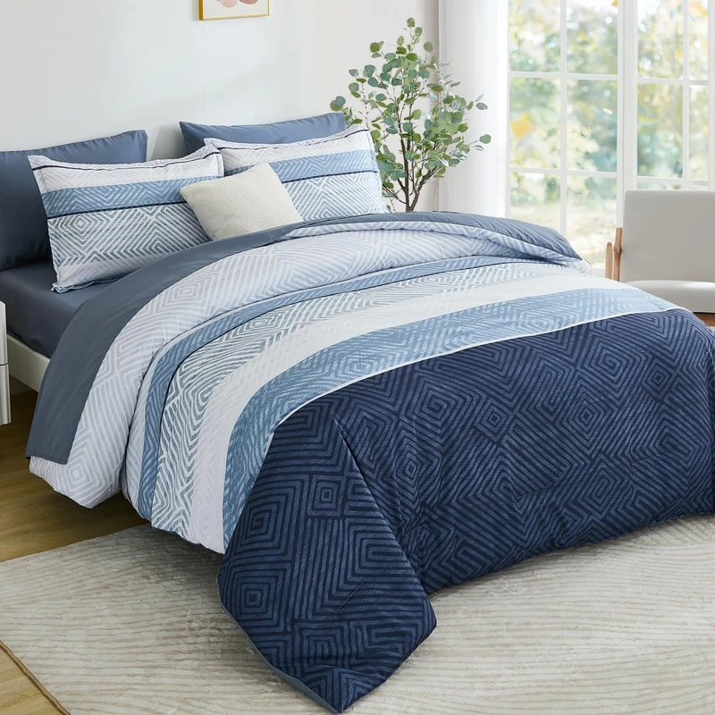 Drucon Comforter Set King Size 7 Piece Bed in a Bag Boho Blue Striped Bedding Set Soft Microfiber Comforter and Sheet Set for All Season (King, 104"x90")