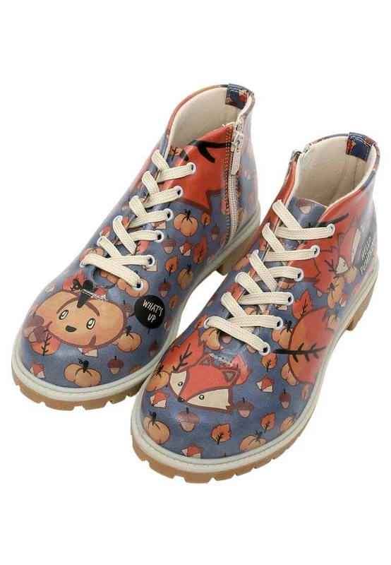 DOGO Women's Vegan Leather Blue Ankle Boots - Hello Pumpkin Pattern, Multicolored, 4 UK