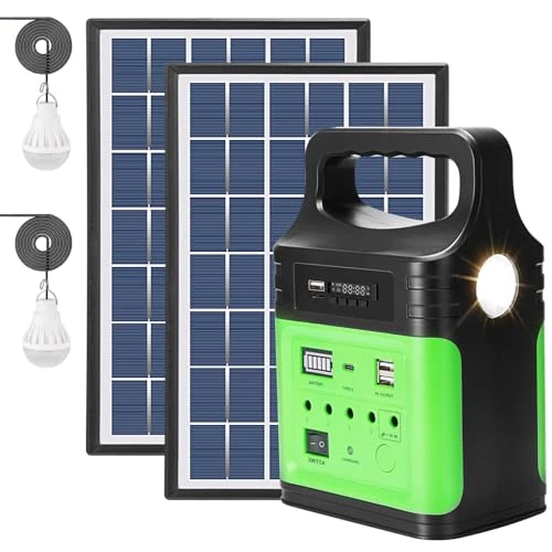 Generatore Di Portatile Con Pannello Solare, Centrale Elettrica Ricarica Rapida Type-C,Torcia A LED,FM, Generatore Solare Per L'Alimentazione Di Backup A Casa All'Aperto per campeggio (Green)