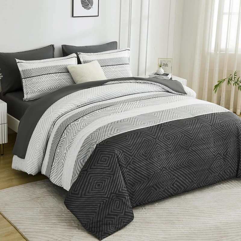 Drucon Boho Comforter Set King Size 7 Piece Bed in a Bag, Grey Striped Bedding Set, Soft Microfiber Comforter and Sheet Set for All Season (King, 104"x90")