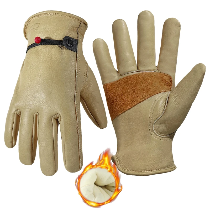 HANDLANDY Winter Leather Work Gloves, Fleece Lined Thermal Gardening Gloves Heavy Duty Thorn Proof Garden Gloves Cold Working Drivers Gloves for Men & Women (Light Brown, L)
