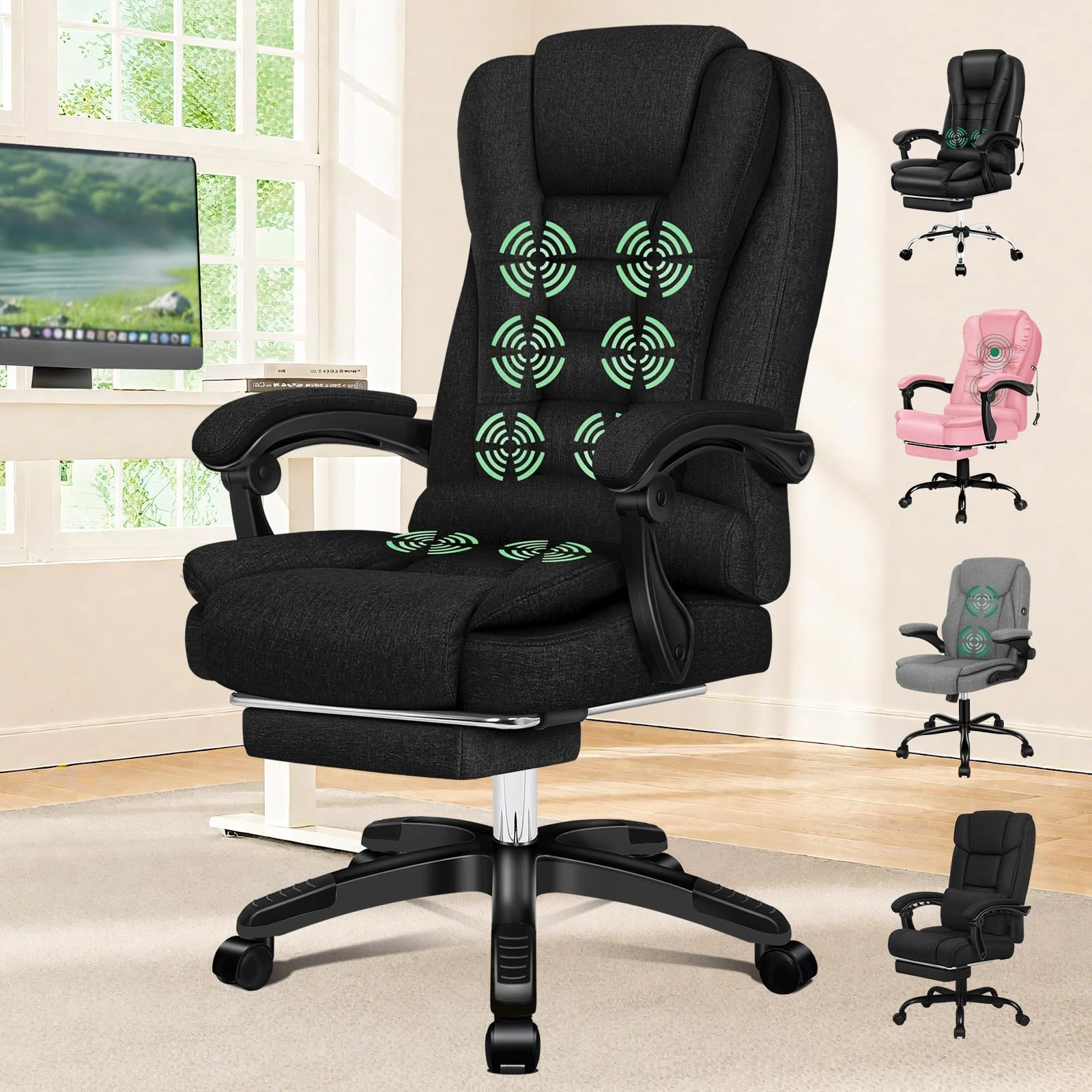 ELFORDSON Executive Office Chair with 8-point Massage Seat Heated, PC Desk Gaming Chair with Armrests Footrest High Back 150° Recliner Tilt Padded Swivel Fabric Linen, Black