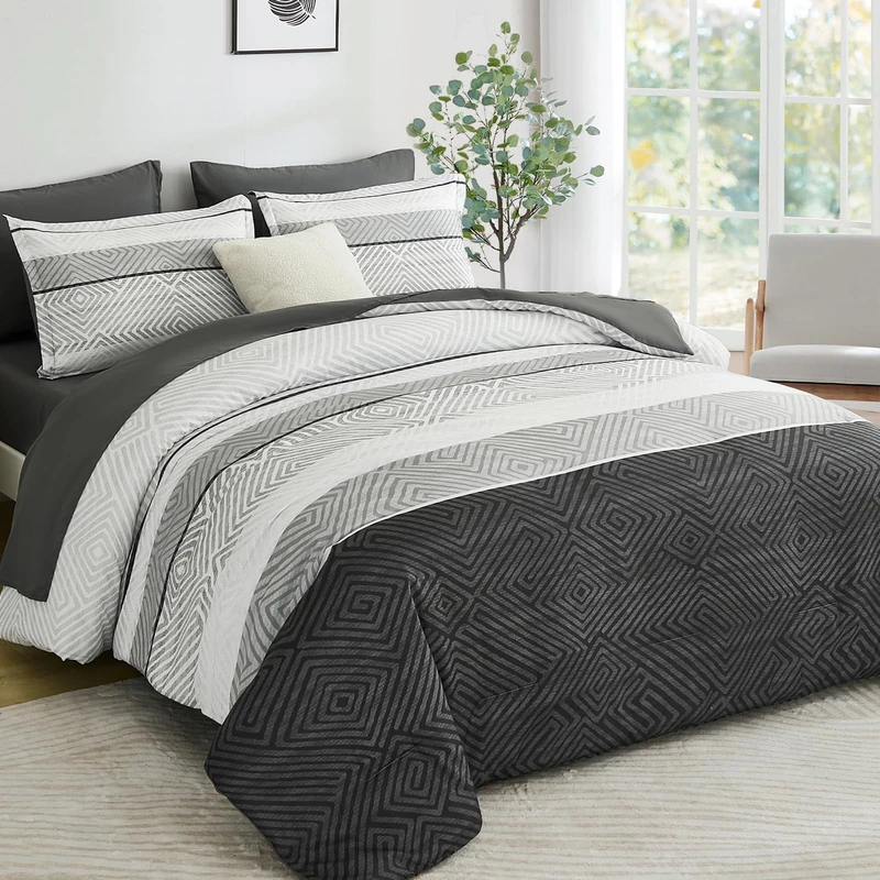 Drucon Black and Grey Comforter Set Queen Size 7 Piece Bed in a Bag, Boho Striped Bedding Set, Soft Microfiber Comforter and Sheet Set for All Season (Queen, 90"x90")