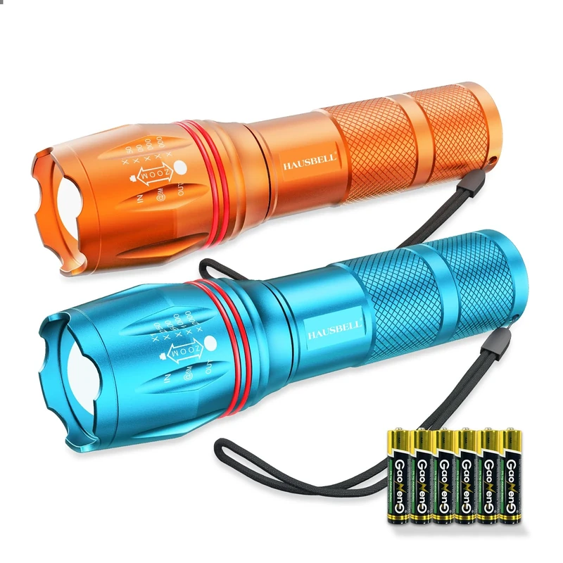 HAUSBELL LED Flashlights High Lumens, Bright flashlights for Home, Waterproof, Powerful Flashlight, Emergency Tactical Flashlight and 5 Modes, Flashlight for Camping GearHikingWalking, 2Pack