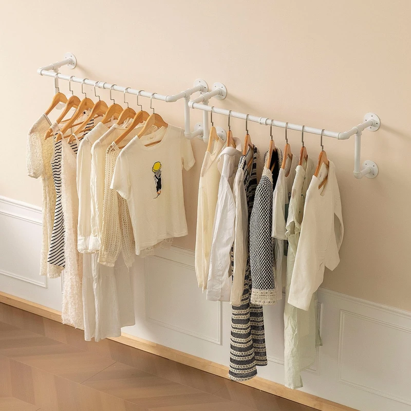 Clothes Rack, Industrial Pipe Clothing Rack for Hanging Clothes, Wall Mounted Heavy Duty Space Saving Garment Rack, Multi-Purpose Clothing Hanging Rods for Closet Storage, White, 2Pcs