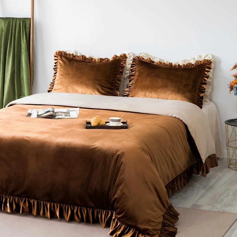 Velvet Duvet Cover Set Retro Ruffle Flounces Trim Luxurious Solid Olive Green Farmhouse Vintage Comforter Cover Bedding Sets, Matching Shams for Home Bedroom Decor Golden Camel,King 104"x90"