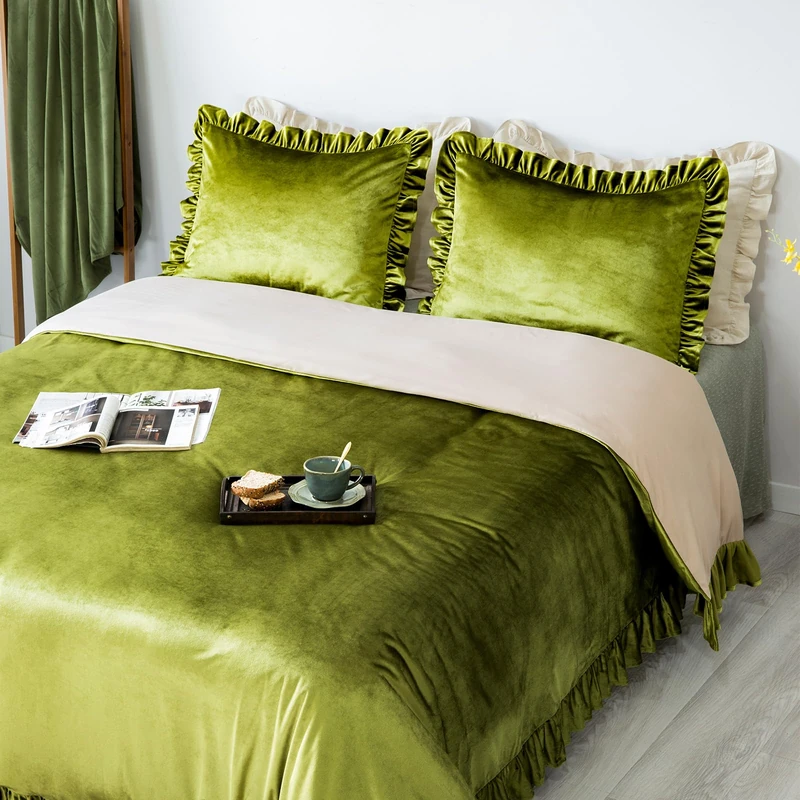 Velvet Duvet Cover Set Retro Ruffle Flounces Trim Luxurious Solid Olive Green Farmhouse Vintage Comforter Cover Bedding Sets, Matching Shams for Home Bedroom Decor Olive Green, Queen 90"x90"
