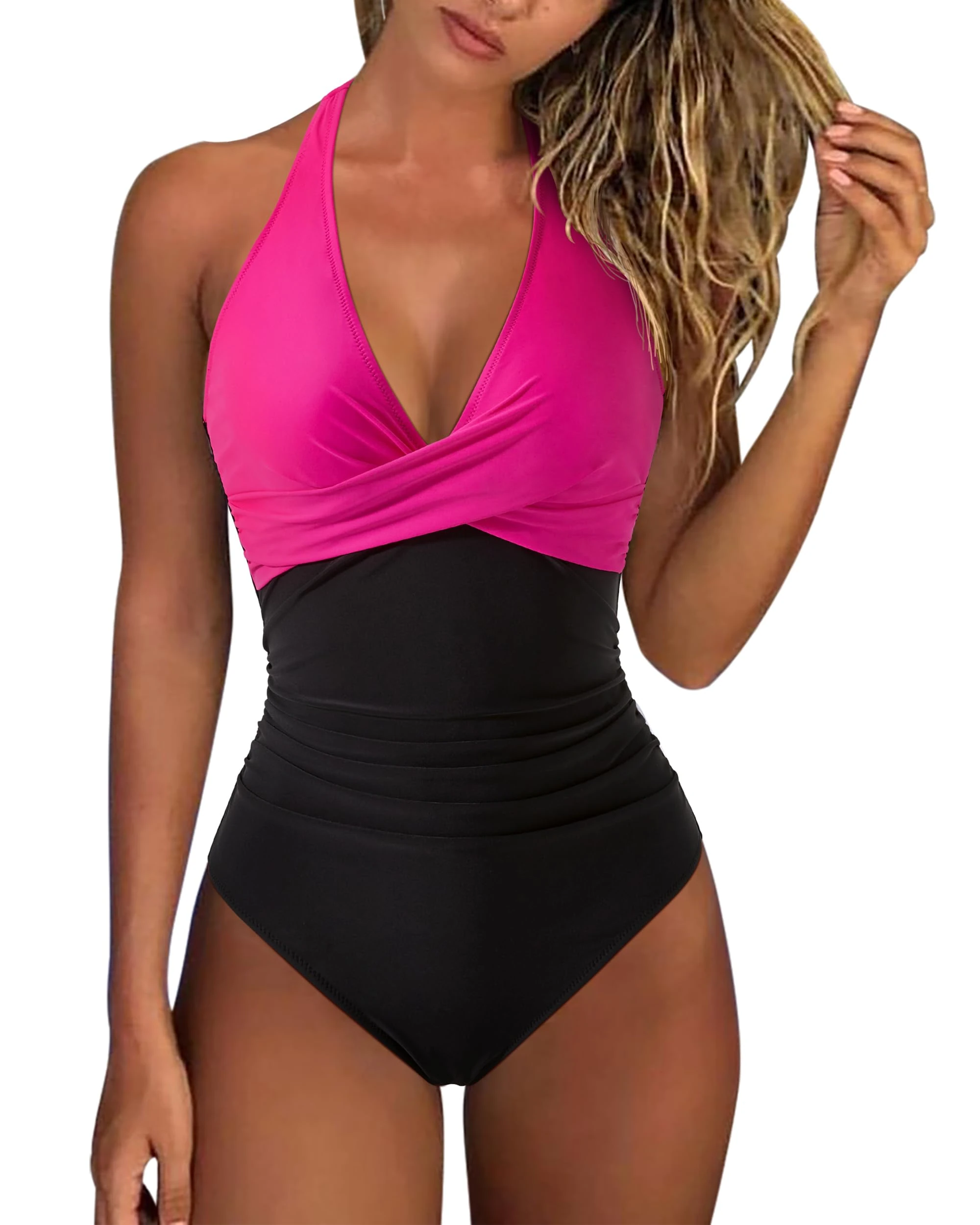RXRXCOCO Women Cross Push Up Tummy Control One Piece Halter High Waisted Swimming Costume Swimsuits Swimwear