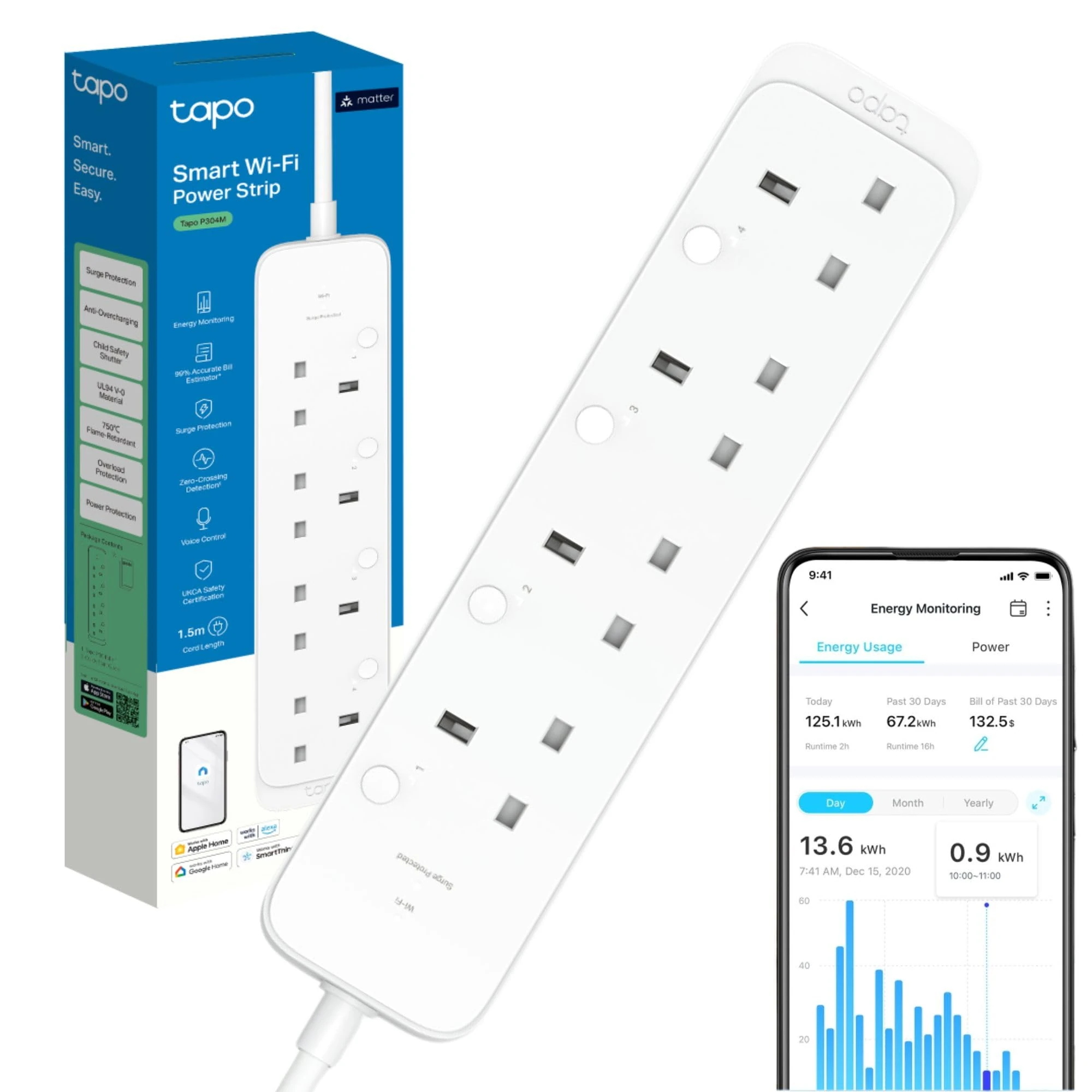 Tapo P304M Smart Plug Power Strip, Energy Monitoring, MATTER Certified, Surge Protection, Zero-Crossing Detection, Remote Control, Voice Control with Apple Alexa Google, Schedule and Timer, Away Mode