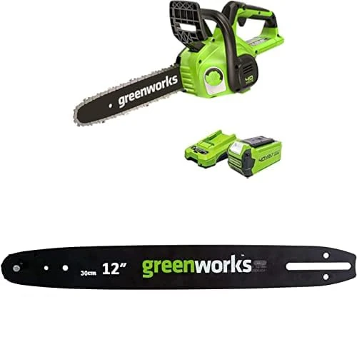 Greenworks Cordless 40V 30cm Chainsaw Battery Powered + Greenworks Original Guide Bar for Chainsaw (30 cm Replacement Bar Suitable for The Chainsaws G40CS30 and GD24CS30 by Greenworks)