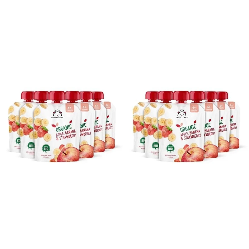 Amazon Brand - Mama Bear Fruit Pouch, Organic Apple, Banana and Strawberry Purée, vegetarian, 90 g (Pack of 12)