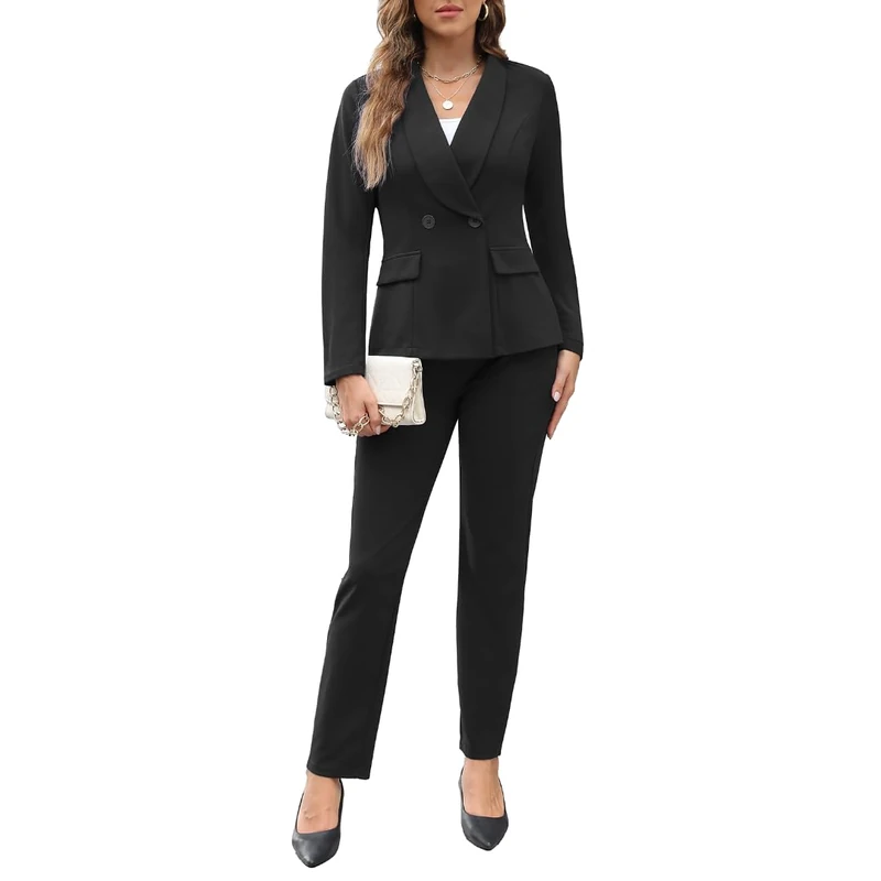 Women's Fall Business Pant Suit Long Sleeve Formal 2 Piece Blazer Set Casual Office Work Outfits 2024, Black, Large
