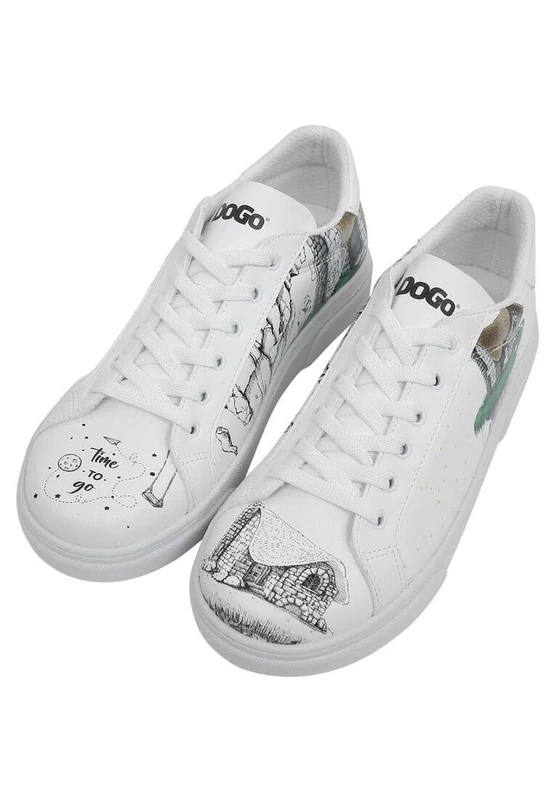 DOGO Women's Vegan Leather White Sneakers - Time to Go Pattern, Multicolored, 4 UK