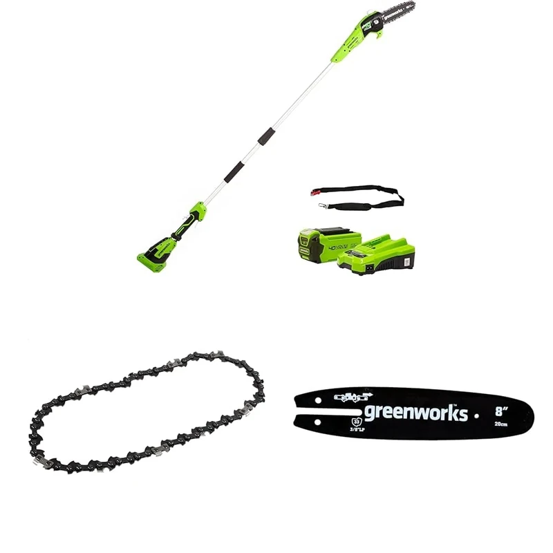 Greenworks G40PSFK2 Cordless Pole Saw, 20cm Bar Length, 8m/s Chain Speed, 3.64kg, 2.58m Pole Reach, 40V 2Ah Battery & Charger+ Greenworks 20cm Saw Chain+ Greenworks 20cm Guide Bar