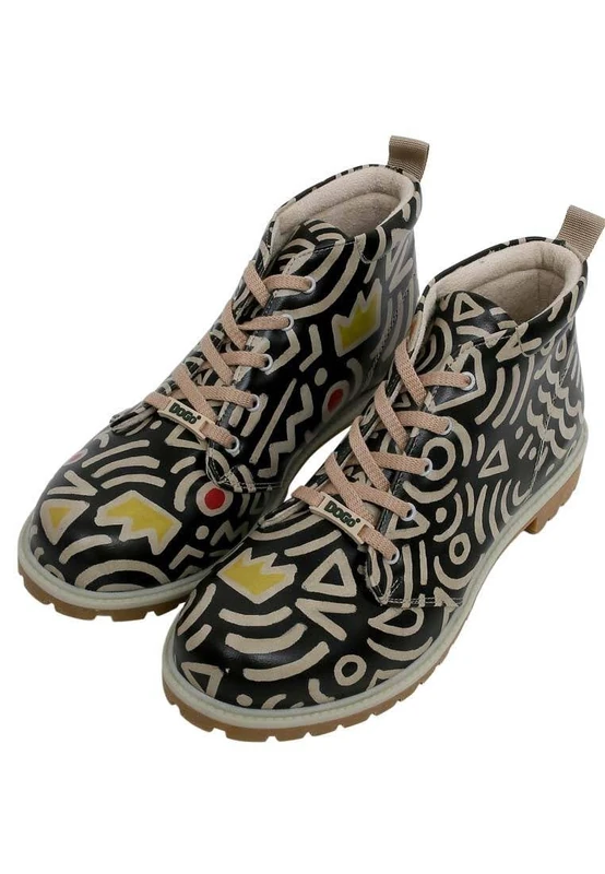 DOGO Men's Vegan Leather Black Ankle Boots - Abstract Outline Black Pattern, Multicolored, 7 UK