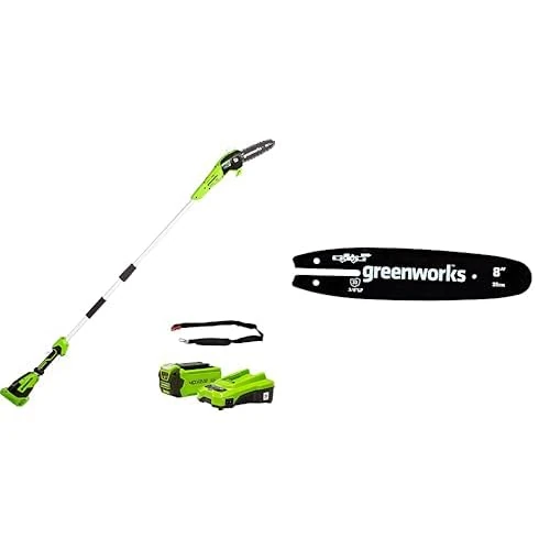 Greenworks G40PSFK2 Cordless Pole Saw, 20cm Bar Length, 8m/s Chain Speed, 3.64kg, 2.58m Pole Reach, 40V 2Ah Battery & Charger + Greenworks Guide Bar for Chain Saw (20 cm Oregon Bar)