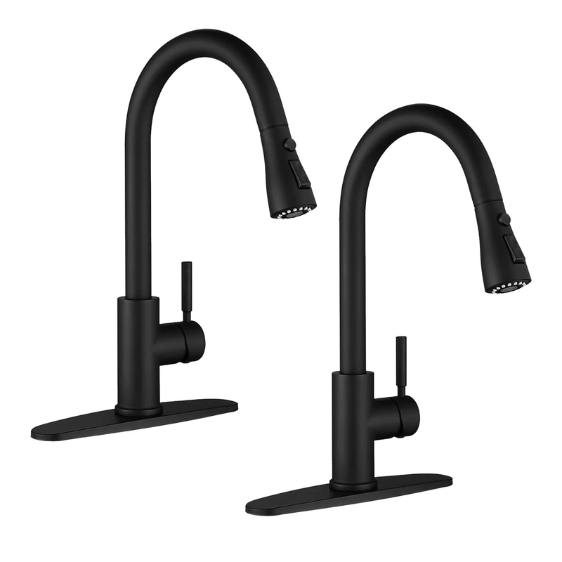 WEWE Kitchen Faucets with Pull Out Spray Black Kitchen Faucet Commercial Single Lever Design with Perfect Arc with Hoses for RV Kitchen Bar (Pack of 2)