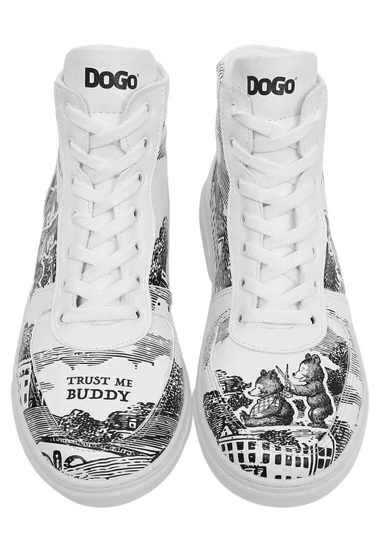DOGO Women's Vegan Leather White High Sneakers - Trust Me Buddy Pattern, Multicolored, 4 UK