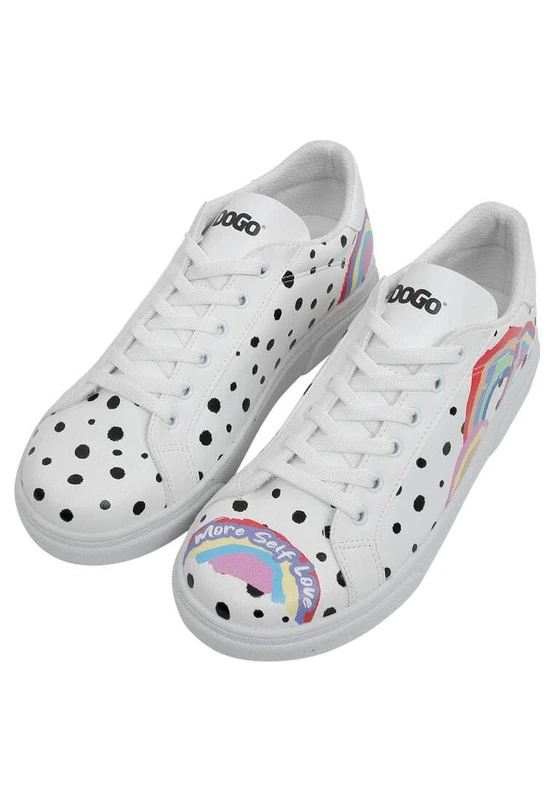 DOGO Women's Vegan Leather White Sneakers - More Self Love Pattern, Multicolored, 7 UK