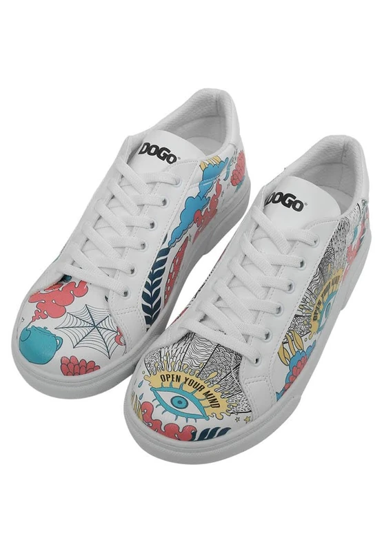 DOGO Women's Vegan Leather White Sneakers - Open Your Mind Pattern, Multicolored, 8 UK - Image 1