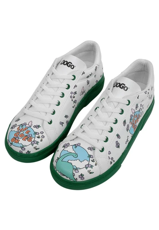 DOGO Women's Vegan Leather White Sneakers - Life Goes on Motif, Multicolored, 8 UK