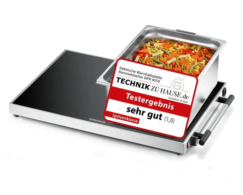 ROMMELSBACHER WPR 407/E Gastro Warming Plate, Stainless Steel, Safety Float Glass, Continuously Adjustable 40-105 °C, Surface 61 x 41 cm, for Container 1/1 GN Format, On/Off Switch, Made in Germany