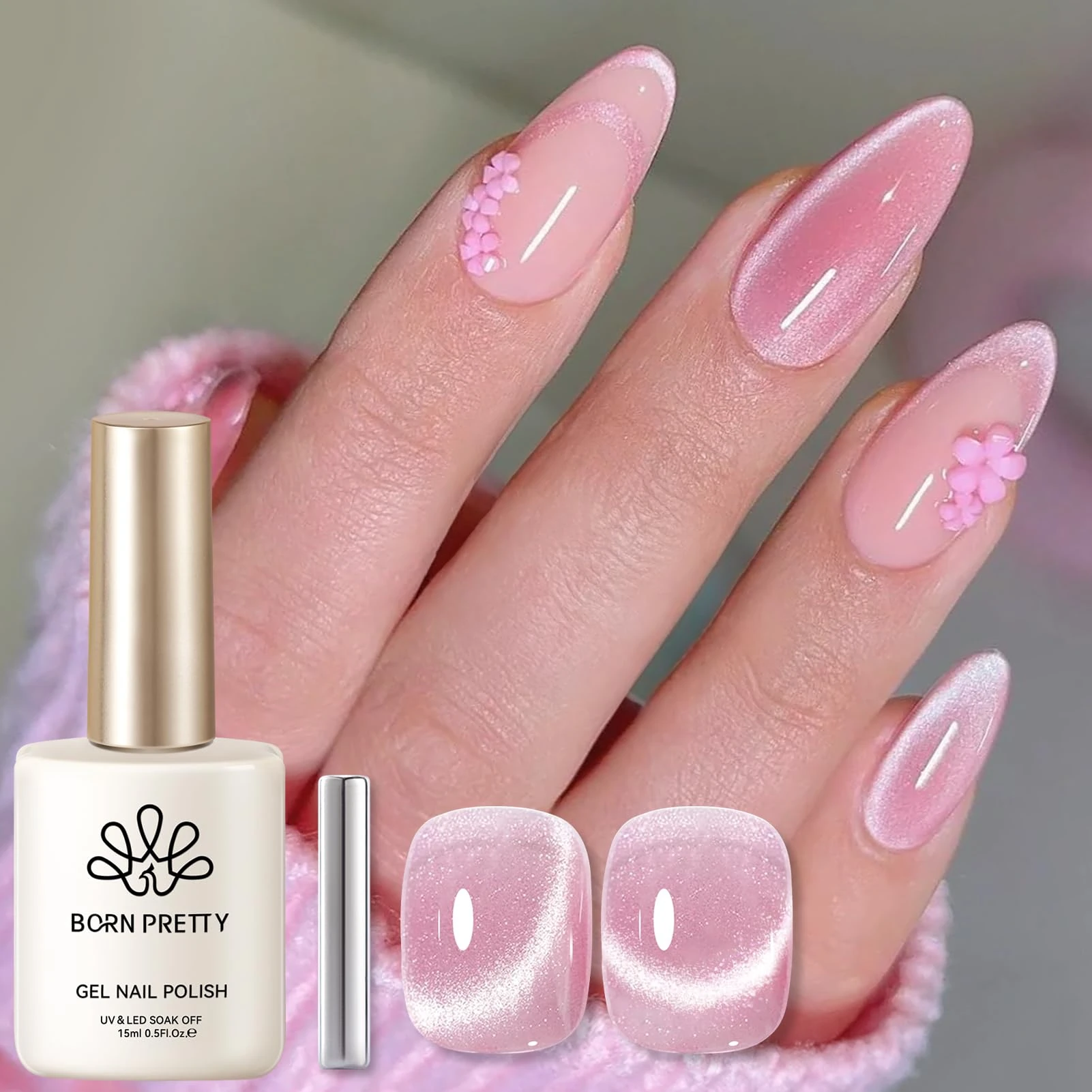 BORN PRETTY Magnetic Gel Nail Polish, Jelly Pink Glitter Cat Eye Effect, Iridescent Magnetic Nail Gel, 15ML