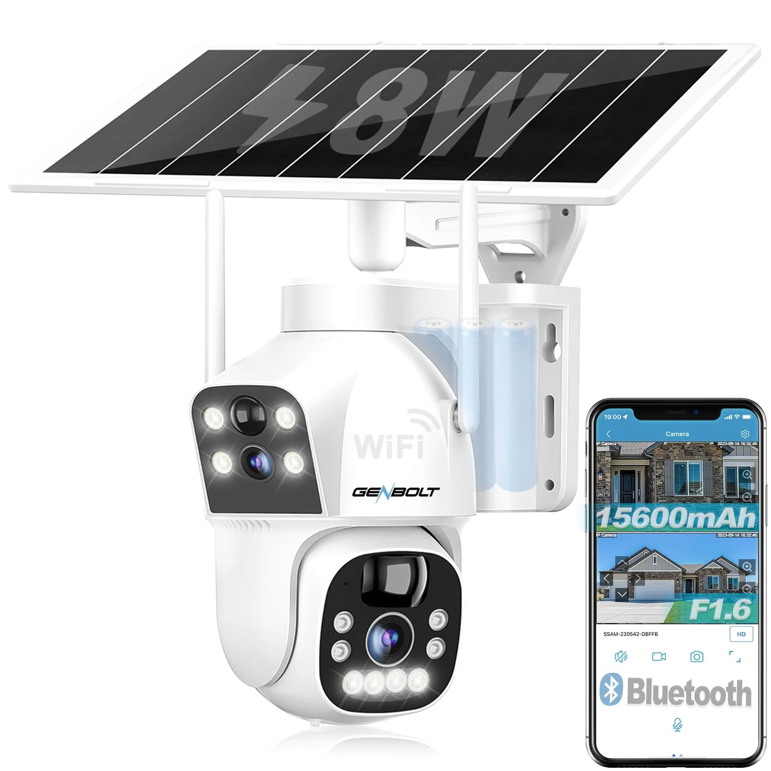 GENBOLT Solar WiFi Security Camera Outdoor Wireless, 8W 15600mAh Battery Powered Home Surveillance Camera CCTV with Dual View, Dual lens Spotlight IP Camera with Color Night, PIR Detection
