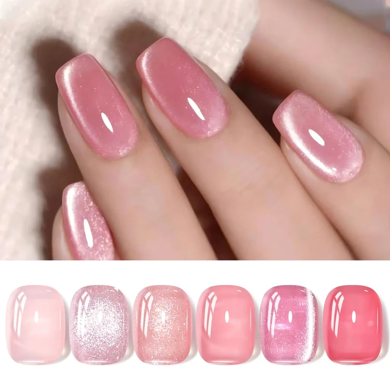BORN PRETTY Jelly Gel Nail Polish, Glitter Gel Polish, Nude Pink Gold Cat Magnetic Eye Gel Nail Polish, Sheer Crystal Transparent Sparkle Nail Manicure Gift DIY at Home 6PCS 7ml