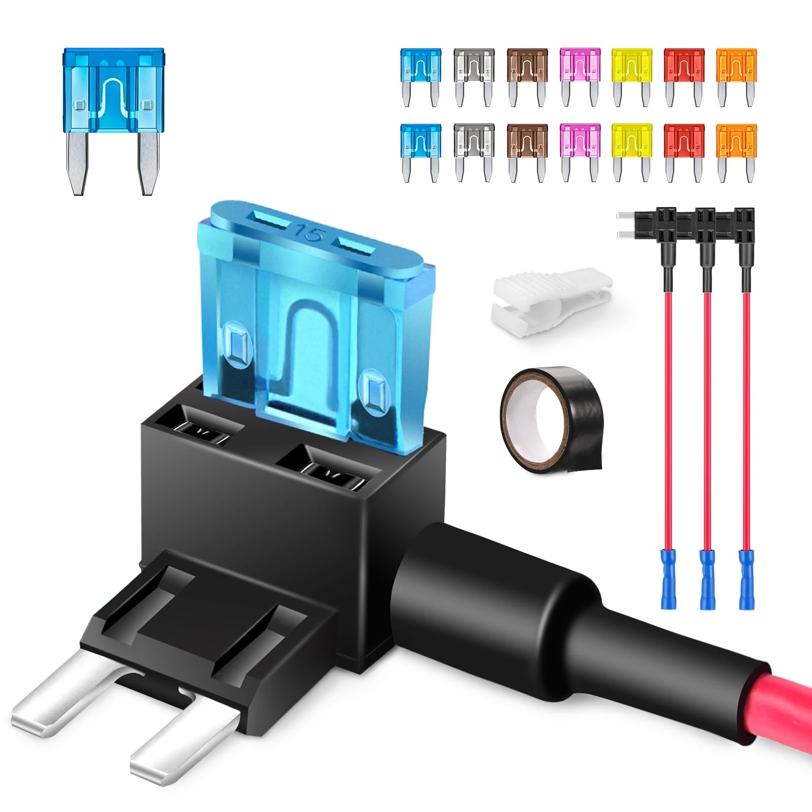 JOREST Mini Car Fuse Tap, 4pcs Piggy Back Fuse Adapter, Add a Circut 12V Fuse Holder with 14Pcs Mini (2A 3A 5A 7.5A 10A 15A 20A) Automotive Fuses +Electrical Tape+Puller