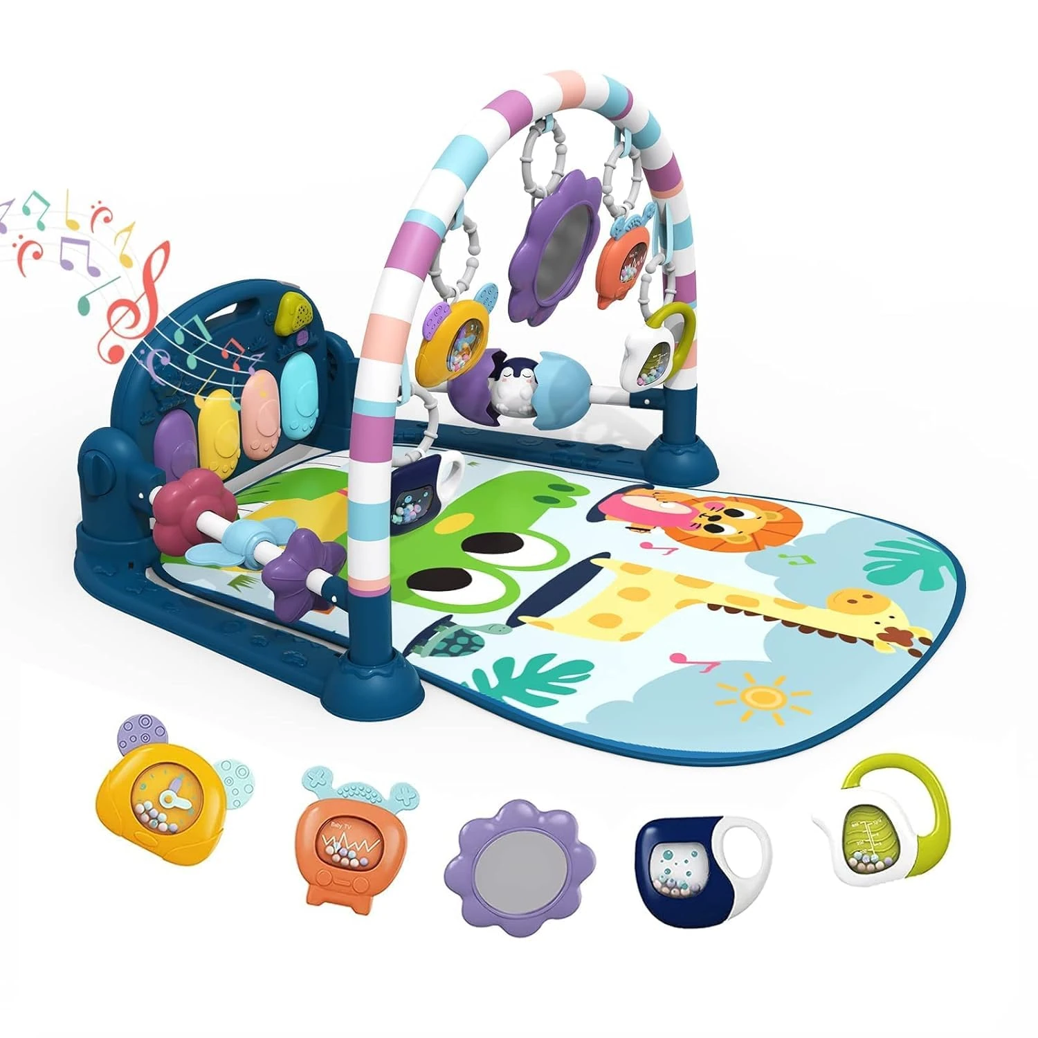derimkcoa Baby Play Mat Baby Gym,Funny Play Piano Tummy Time Baby Activity Mat with 5 Infant Sensory Baby Toys, Music and Lights Boy & Girl Gifts for Newborn Baby 0 to 3 6 9 12 Months (Blue Giraffe)