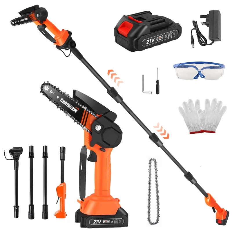 2-in-1 Cordless Pole Saw & Mini Chainsaw with 1.5Ah Battery, 21V Telescopic 6“ Electric Pole Chainsaw with Extension Rod Up to 2.3m, Reach Pole Saw for Tree Branch Trimming Branch (A)