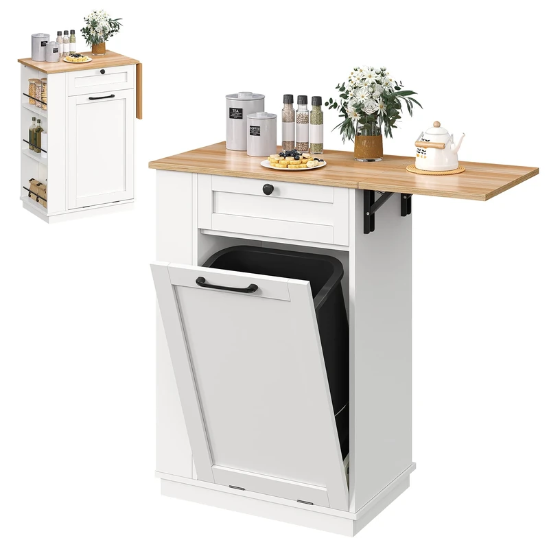 YITAHOME Sideboard with Trash Bin Hamper, Tilt Out Trash Cabinet with Top Extension Board and Side storage, Hidden Garbage Bin Cabinet, Freestanding Kitchen Island, No Trash Can - Image 1