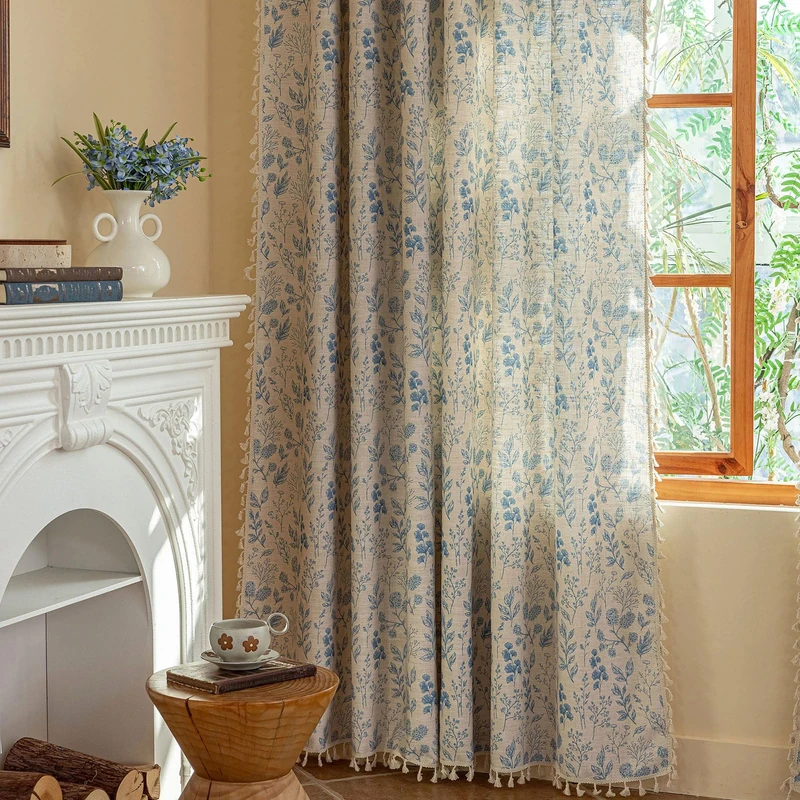 ENJOYBRIDAL Blue Floral Curtains 84 Inch Length 2 Panels Semi Sheer Living Room Drapes Boho Aesthetic Bedroom Farmhouse Window Curtain Panels Tassel Decorative Rod Pocket Window Treatments