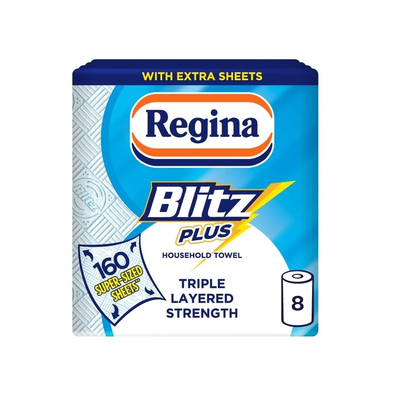 Regina Blitz Plus Household Towel – 8 Rolls per Pack, 80 Sheets Per Roll, 3 Ply, Triple Layered Strength, Household Paper Towels Made with Virgin Pulp, Paper Packaging, FSC Certified