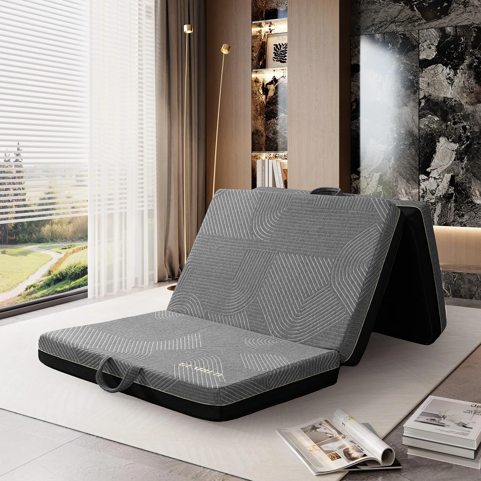 GEMBED Tri Folding Mattress Full Size - Memory Foam Tri-fold Mattress, Handle & Non-Slip Bottom, Portable Foldable Sofa Bed Floor Chair for Travel RV Camping Guest Yoga - 4 Inch, 73"x52"x4"