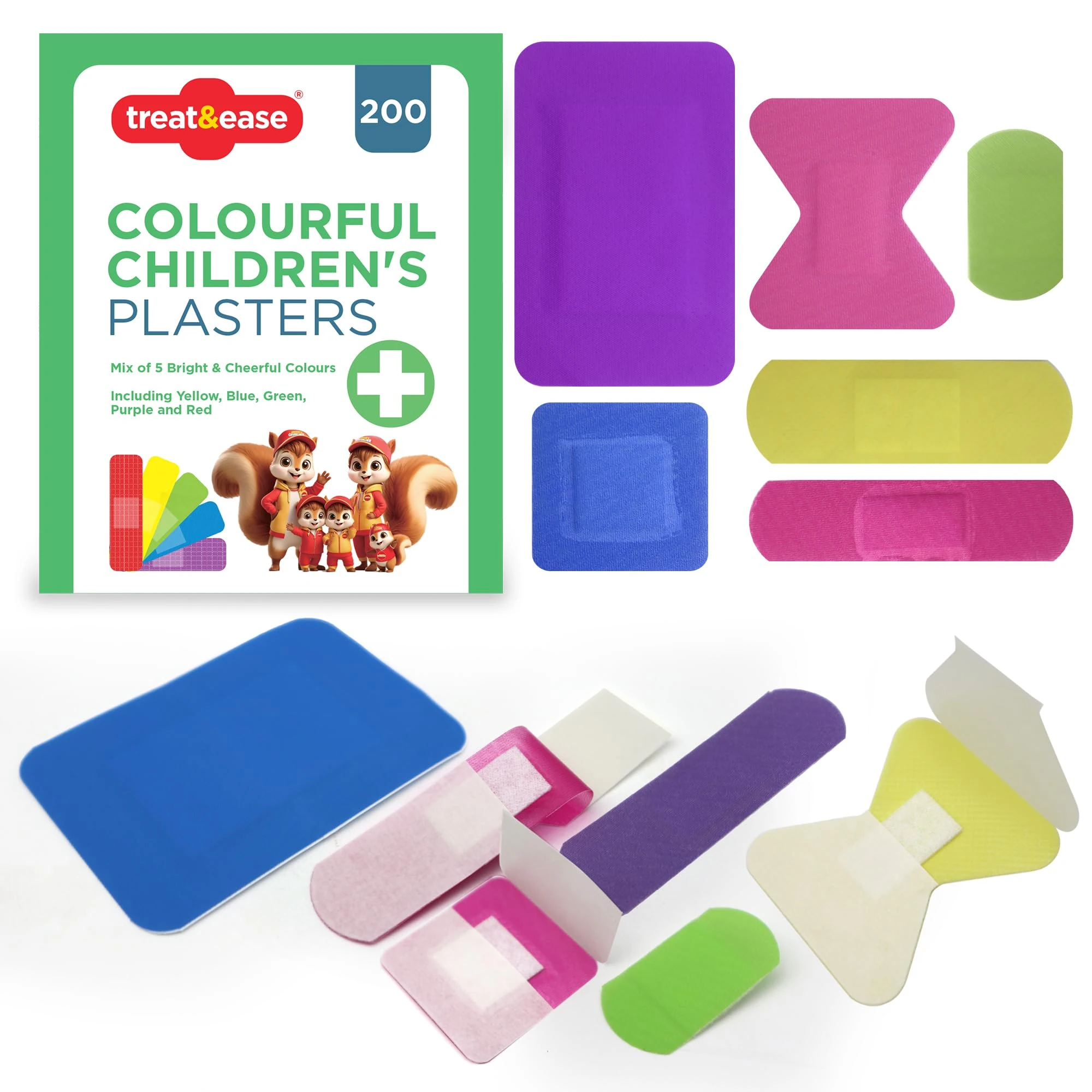SOL 200pk Colourful Children's Plasters - Fun, Bright, Coloured Kids Plasters for Boys, Girls, Toddlers, and Babies - Washproof Assorted in Various Shapes and Sizes - Ideal for Kids First Aid Kits