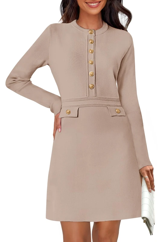 MEROKEETY Women's Long Sleeve Bodycon Sweater Dress Button Crew Neck Elegant Formal Mini Dresses, Khaki, XL - Image 1