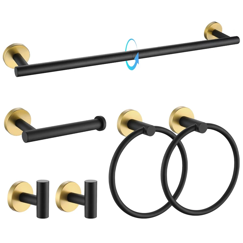 TQKAG Black and Gold Bathroom Hardware Set 6-Piece Bathroom Accessory Set 23.6 Inch Round Stainless Steel Towel Bar Set Wall Mounted