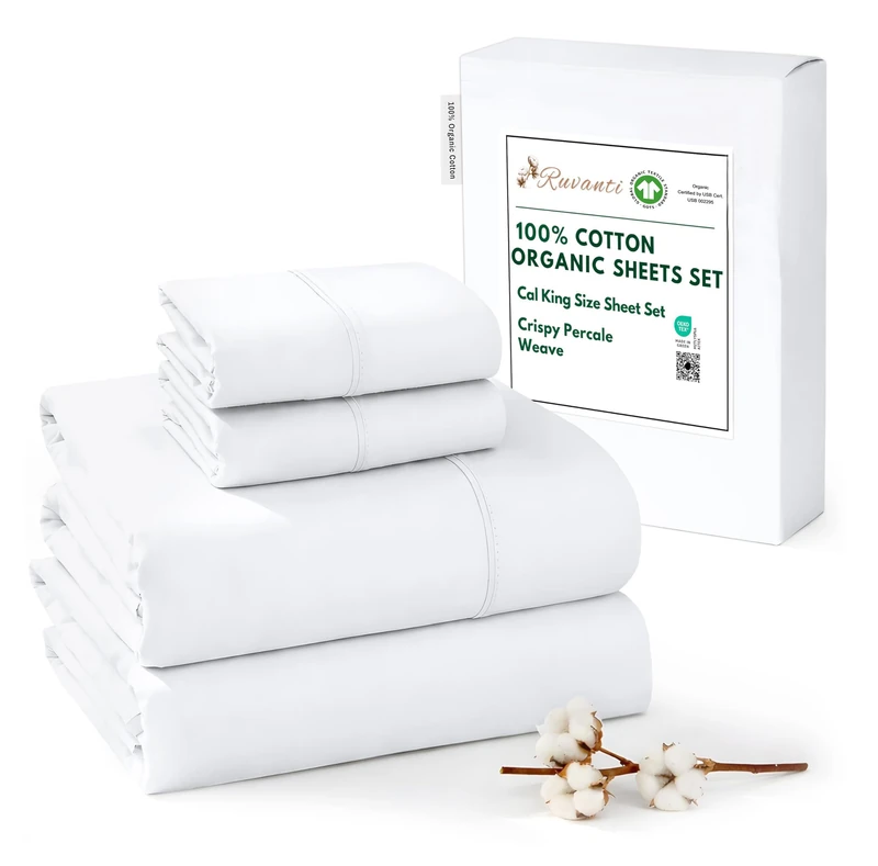 RUVANTI 100% Organic Cotton Sheets California King, Percale Weave, GOTS Certified, 4-Piece Set, Deep Pocket 13", Crisp & Breathable, Soft Durable Bedding, Sábanas Algodón Orgánico – Bright White