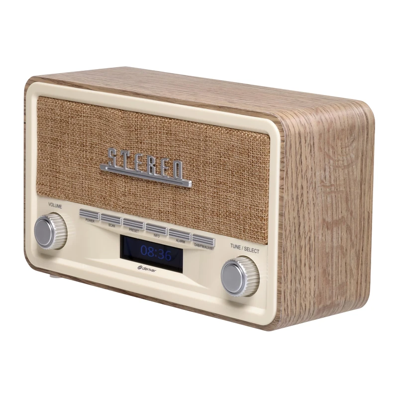 Denver DAB-18 Vintage Style Stereo DAB/DAB+ & FM Radio – Real Wood Cabinet, Bluetooth, Clock Radio Alarm, AUX IN for Smart Phone/Tablet / MP3 Player – Mains or Battery